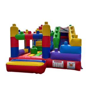a colorful Lego inflatable bounce house with slide